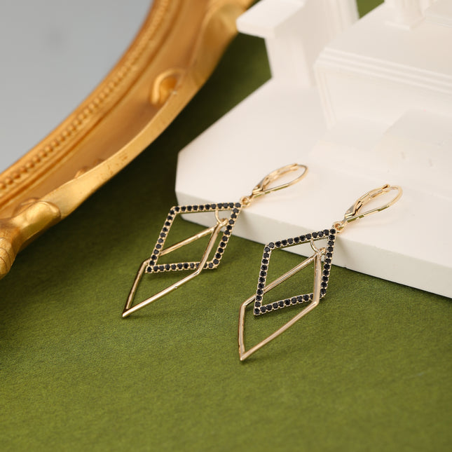 Aretes Largos De Cobre Diseño Geométrico Con Doble Anillo Bañado En 18K
