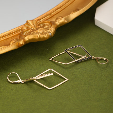 Aretes Largos De Cobre Diseño Geométrico Con Doble Anillo Bañado En 18K