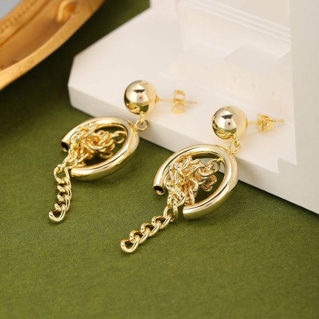 Aretes Cobre Con Colgante De Media Circle y Cadena Metálica