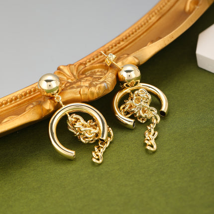 Aretes Cobre Con Colgante De Media Circle y Cadena Metálica