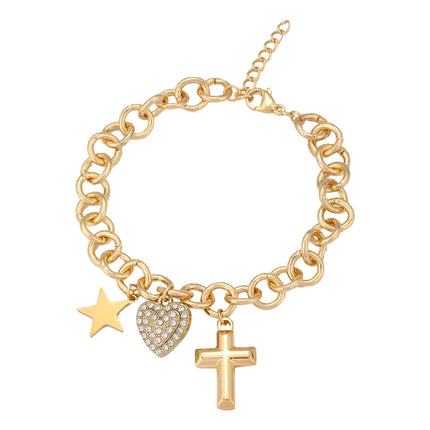 Pulsera De Cadena De Anillos Gruesos Con Colgantes De Cruz Y Corazón