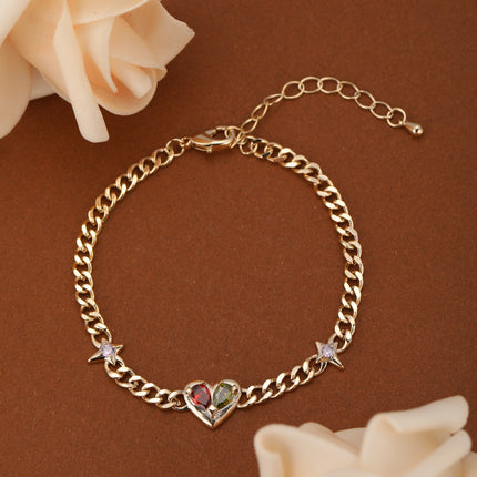 Pulsera De Mujer Con Corazón Y Cristales Bicolor, Estilo Elegante