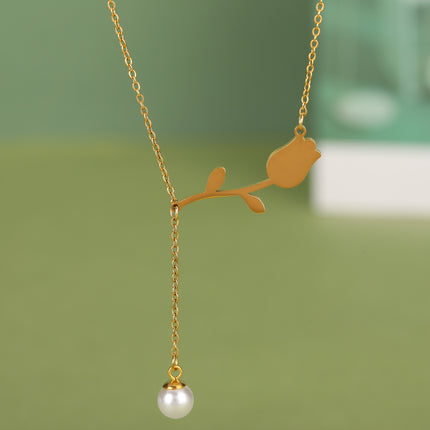 Collar De Moda Con Colgante De Tulipán De Perla Temperamental De Acero Inoxidable