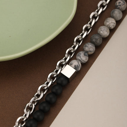Pulsera De Cuentas De Cristal Estilo Mármol Con Cadena Acero Inoxidable