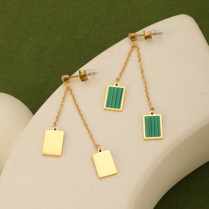 Aretes Largos De Acero Retro Con Diseño De Cuadro Verde Y Rayas