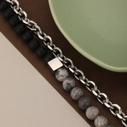 Pulsera De Cuentas De Cristal Estilo Mármol Con Cadena Acero Inoxidable