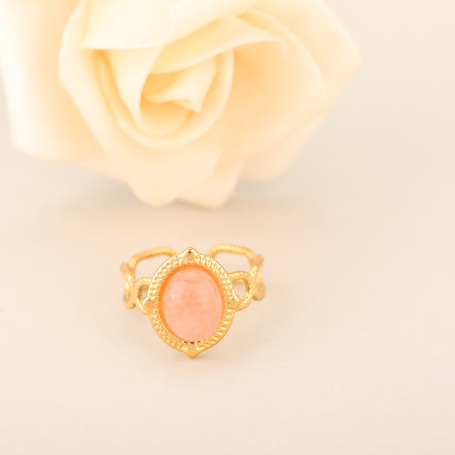 Anillo Ajustable Con Diseño Hueco Y Piedra Natural En Acero Inoxidable Chapado En Oro 14K