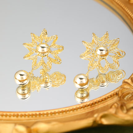 Aretes Cobre En Oro 18K Con Colgante De Gota Y Flor De Sol