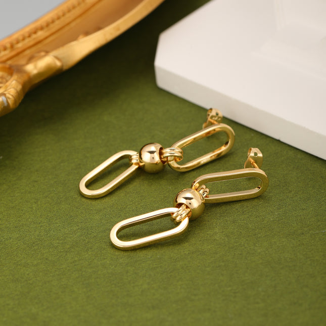 Aretes Largos De Cadena Con Aros Ovalados, Cobre Chapado En Oro De 14K