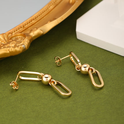 Aretes Largos De Cadena Con Aros Ovalados, Cobre Chapado En Oro De 14K