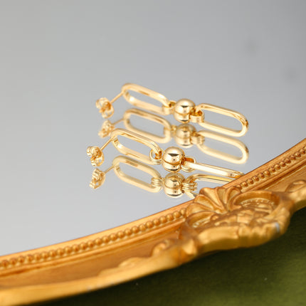 Aretes Largos De Cadena Con Aros Ovalados, Cobre Chapado En Oro De 14K