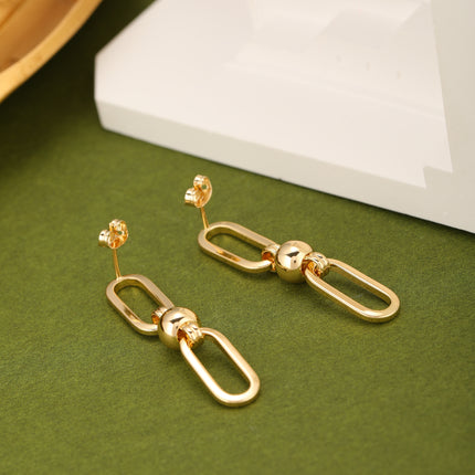 Aretes Largos De Cadena Con Aros Ovalados, Cobre Chapado En Oro De 14K