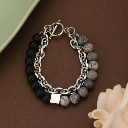 Pulsera De Cuentas De Cristal Estilo Mármol Con Cadena Acero Inoxidable