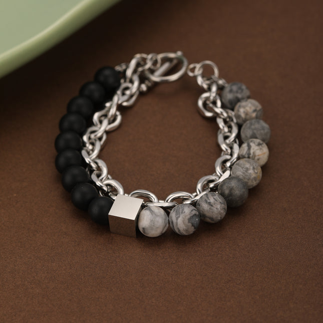 Pulsera De Cuentas De Cristal Estilo Mármol Con Cadena Acero Inoxidable