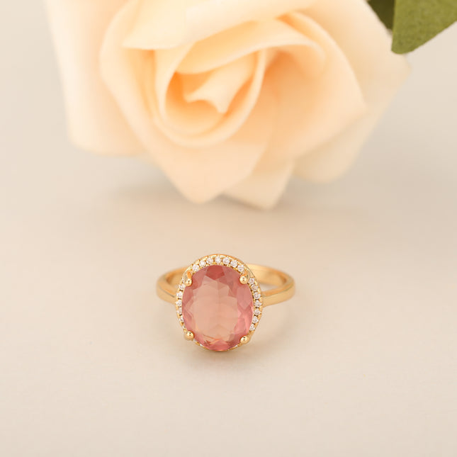 Anillo Con Diseño Elegante Y Diamantes De Zirconia Rojos De Cobre Chapado En Oro 14K