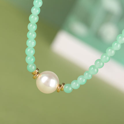 Collar Elegante Simple De Cuentas De Vidrio Verde De Moda Con Perla Grande