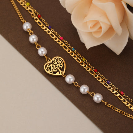 Pulsera Con Diseño De Tres Capas En Corazón Y Perlas De Cobre Chapado En Oro 14K