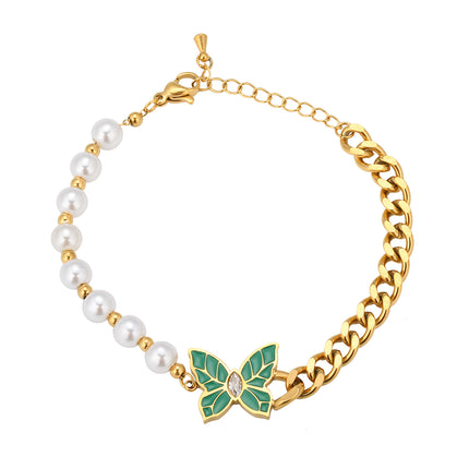 Pulsera Con Diseño De Mariposa Verde Y Perlas Vintage De Cobre Chapado En Oro 14K