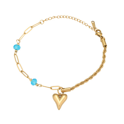 Pulsera De Acero Con Colgante De Corazón Y Zirconia Azul En Oro De 14K