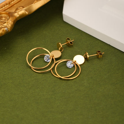 Aretes Arracadas De Doble Círculo Con Zirconia, Diseño Moderno En Acero
