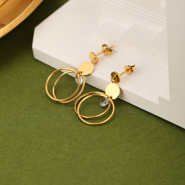 Aretes Arracadas De Doble Círculo Con Zirconia, Diseño Moderno En Acero