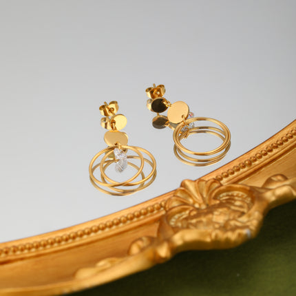 Aretes Arracadas De Doble Círculo Con Zirconia, Diseño Moderno En Acero