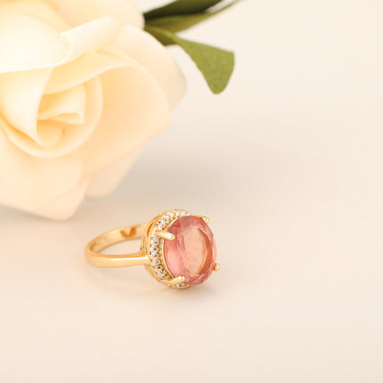 Anillo Con Diseño Elegante Y Diamantes De Zirconia Rojos De Cobre Chapado En Oro 14K