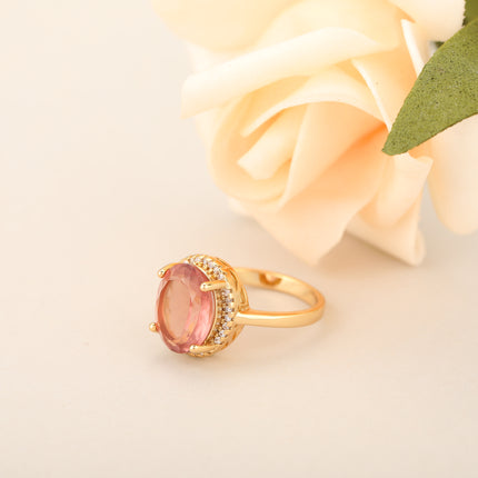 Anillo Con Diseño Elegante Y Diamantes De Zirconia Rojos De Cobre Chapado En Oro 14K