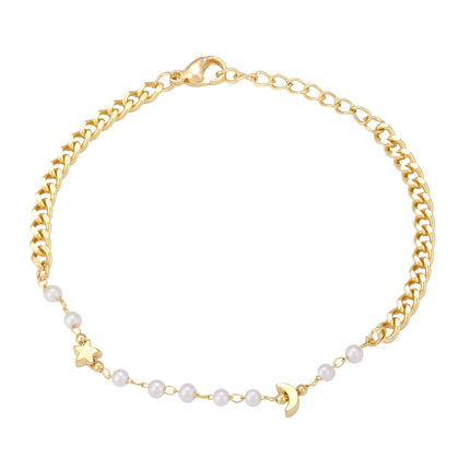 Pulsera De Cadena Con Estrellas, Luna Y Perlas Artificiales Estilo Moda
