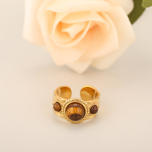 Anillo Ajustable Con Piedra Natural De Estilo Vintage Y Lujo En Acero Inoxidable