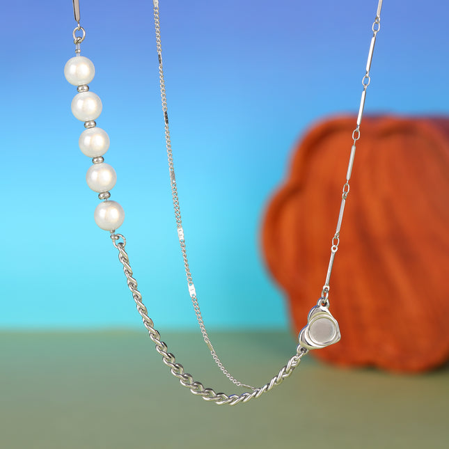 Collar De Acero Inoxidable Con Lenjuela En Forma De Corazón Y Perlas INS De Moda