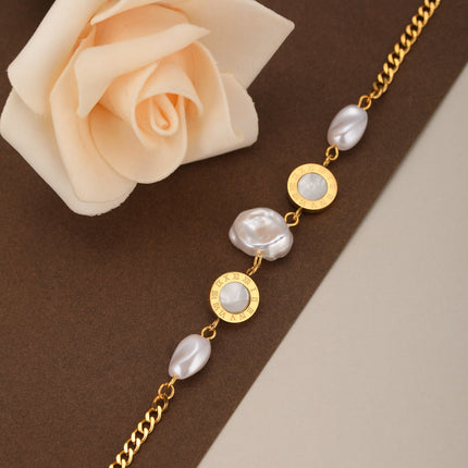 Pulsera De Perlas Con Diseño Placa Redonda De Cobre Chapado En Oro 14K