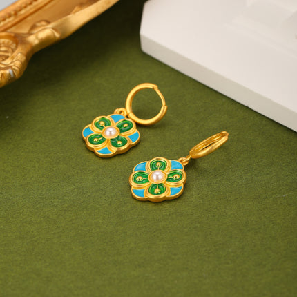 Aretes Broqueles Con Cristal Azul Y Flores Verdes, Diseño Elegante