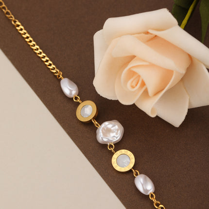 Pulsera De Perlas Con Diseño Placa Redonda De Cobre Chapado En Oro 14K