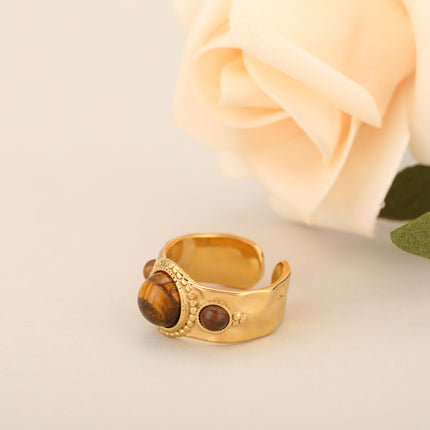Anillo Ajustable Con Piedra Natural De Estilo Vintage Y Lujo En Acero Inoxidable