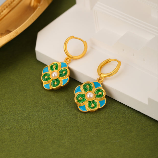 Aretes Broqueles Con Cristal Azul Y Flores Verdes, Diseño Elegante