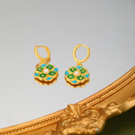 Aretes Broqueles Con Cristal Azul Y Flores Verdes, Diseño Elegante