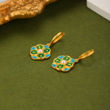 Aretes Broqueles Con Cristal Azul Y Flores Verdes, Diseño Elegante