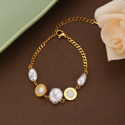 Pulsera De Perlas Con Diseño Placa Redonda De Cobre Chapado En Oro 14K