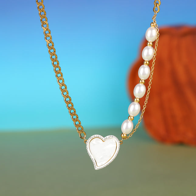 Collar De Perlas Con Colgante De Corazón De Concha Elegante De Moda