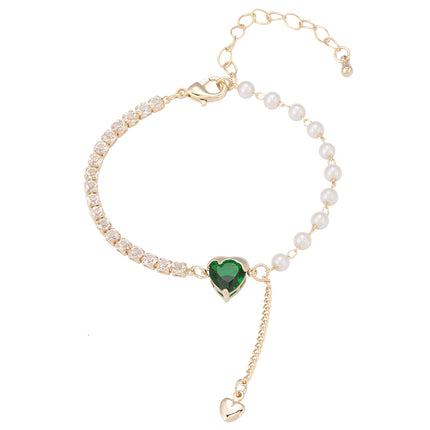 Pulsera De Corazón De Cristal Verde Con Zirconia Y Perlas Imitación