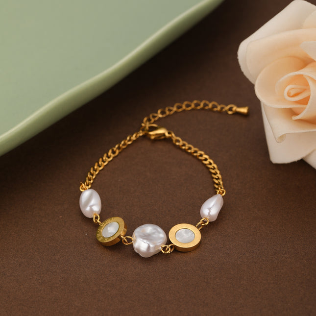 Pulsera De Perlas Con Diseño Placa Redonda De Cobre Chapado En Oro 14K