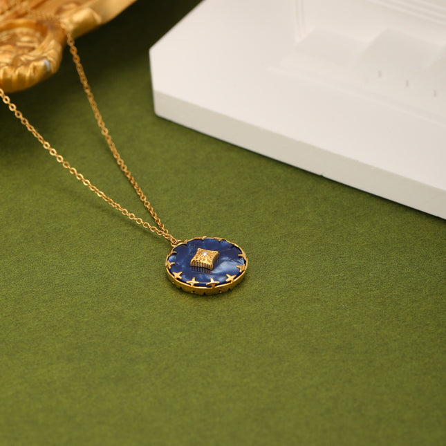 Collar Vintage De Piedra Natural Azul Redonda Para Mujer De Acero Inoxidable Chapado En Oro 14K