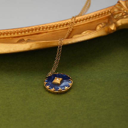 Collar Vintage De Piedra Natural Azul Redonda Para Mujer De Acero Inoxidable Chapado En Oro 14K