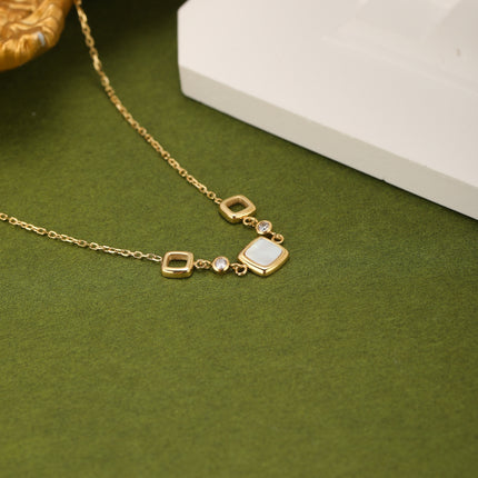 Collar De Acero Inoxidable De Cadena Fina Con Colgantes De Cuadros Huecos Con Concha Y Diamante
