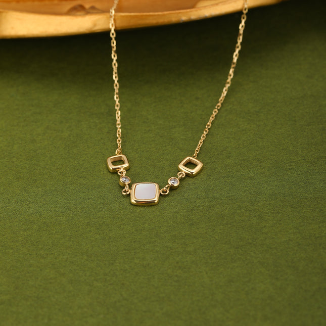 Collar De Acero Inoxidable De Cadena Fina Con Colgantes De Cuadros Huecos Con Concha Y Diamante