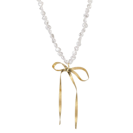 Collar De Cuentas De Perlas Irregulares Con Lazo De Lujo Leve De Moda Para Mujer