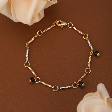 Pulsera De Mujer Con Cuentas Negras Y Cadena Cilíndrica Fina En Cobre