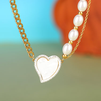 Collar De Perlas Con Colgante De Corazón De Concha Elegante De Moda