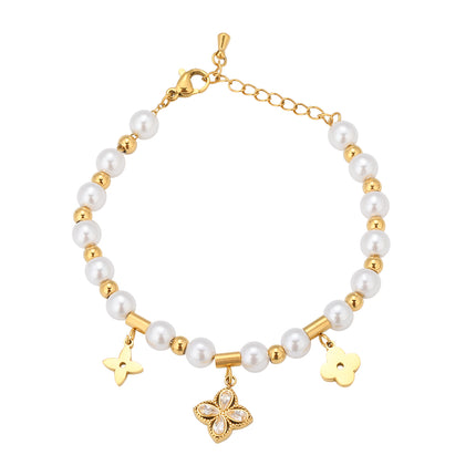 Pulsera Con Diseño De Flor De Cuatro Hojas Y Perlas En Cobre Chapado En Oro 14K